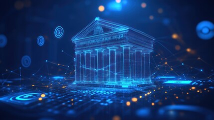 This bank icon has a blue background with circles and lines in a futuristic style