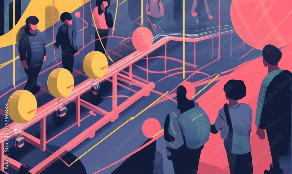 Poster abstract depiction of people interacting with technology and data visualization.