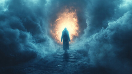 glowing blue light pierces through a smoky haze, creating an intense and mysterious atmosphere, evoking a sense of energy, power, and transformation amid a surreal environment