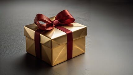 Fototapeta premium A Gold gift box with red ribbon bowdie cut red gift box