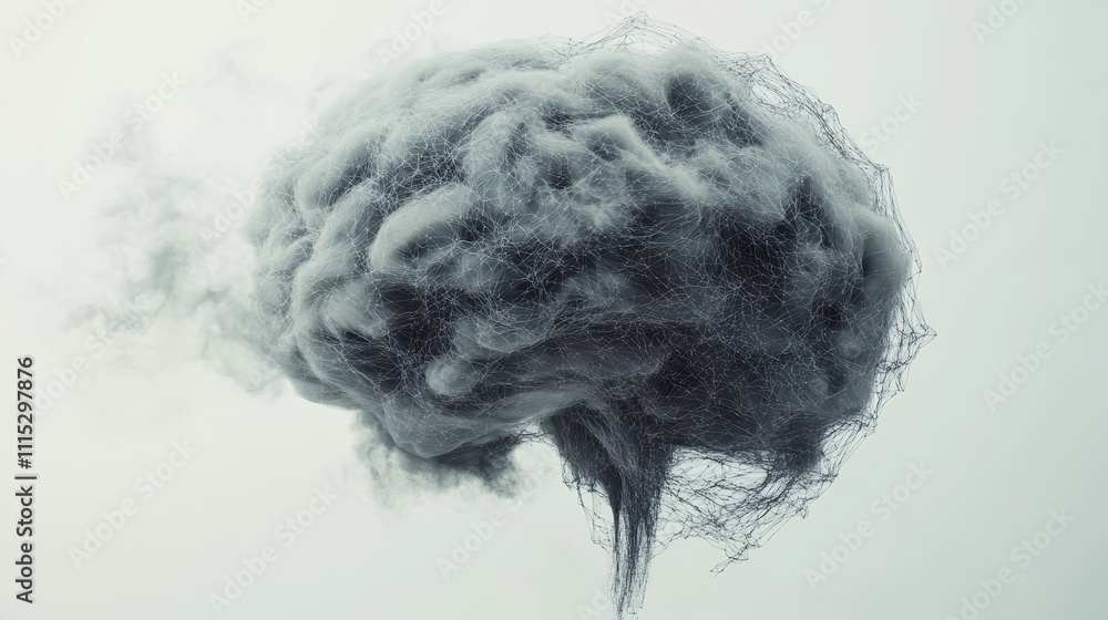 Poster futuristic brain concept with neural network representation and digital innovation on light grey