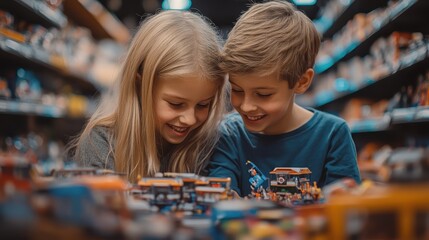 Fototapeta premium Children playing with toys in a vibrant store, smiles and curiosity lighting up their faces selective focus, innocent delightWhimsical, Silhouette, Toy store wonderland