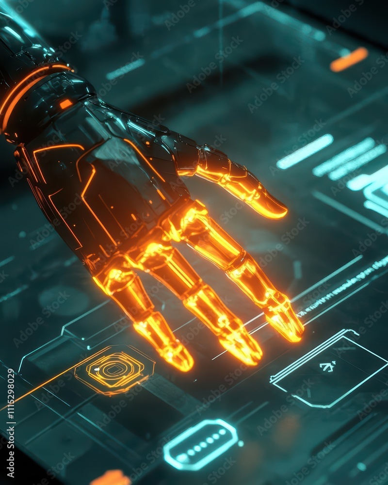 Poster a futuristic robotic hand interacting with a digital interface.
