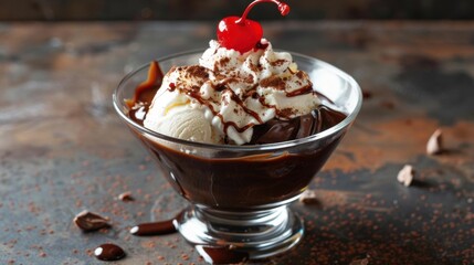 A delicious dessert featuring ice cream, chocolate sauce, and a cherry.