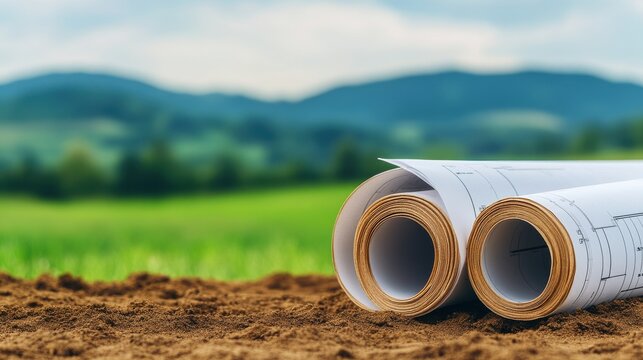 Areas for construction or land for sale, engineer doing quality control checking at vacant land. Architect or blueprint with rolling hills in the background, land evaluation planning.
