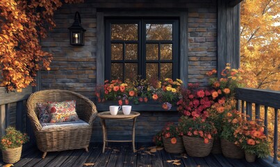 Obraz premium Autumn morning on the balcony with a cup of coffee in autumn.