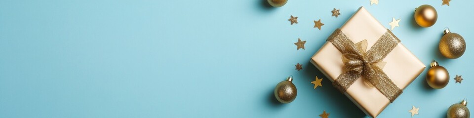 Elegant Gold-Wrapped Gift and Ornaments on Blue Perfect for St. Nicholas Day, Christmas, or New Year Celebrations