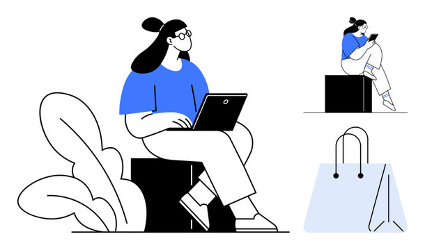 Woman using a laptop while sitting next to a plant, another woman perched on a box with a phone, and a blue shopping bag. Ideal for remote work, outdoor activities, technology, shopping, minimalism