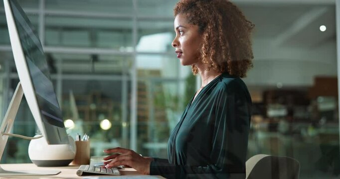 Business woman, computer and typing with internet, creative agency and approval for ideas or brainstorming. Girl, entrepreneur or brand consultant with project, proposal and online startup for office