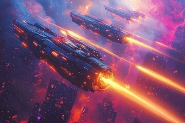 Fototapeta premium Spaceships Fly Through A Colorful Nebula Above A City