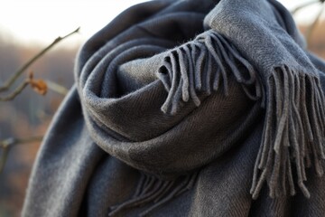 Obraz premium A cozy gray scarf elegantly draped over a branch during a chilly autumn afternoon in a peaceful outdoor setting