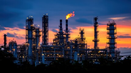 Obraz premium Towering Industrial Landscape: Silhouettes of a Refinery Against a Vibrant Sunset Sky