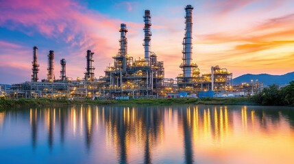 Naklejka premium Majestic Oil Refinery Reflecting on Serene Lake at Sunset