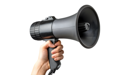 Hand holding a loud speaker megaphone isolated on a transparent background