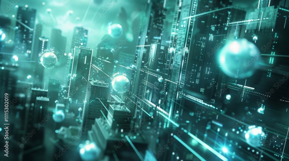 Poster glowing orbs moving through a sleek hightech city encapsulating the digital currency flow within its