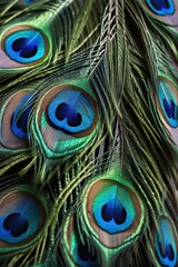 Obraz premium A vibrant display of peacock feathers, showcasing their iridescent colors and intricate patterns.