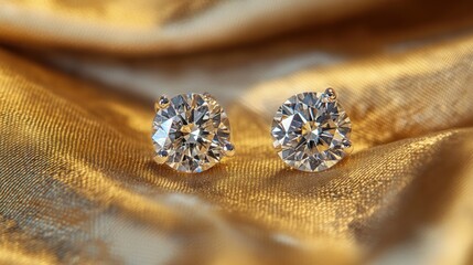 Two diamond earrings on golden fabric