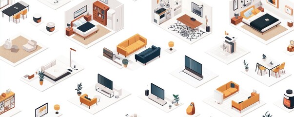 Obraz premium Detailed 3D isometric images of small apartment interiors with warm, cozy color tones.