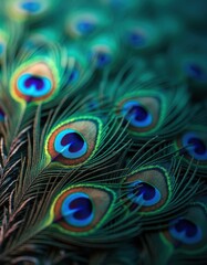 Obraz premium A vibrant display of peacock feathers, showcasing their iridescent colors and intricate patterns.