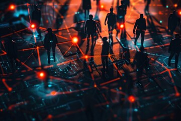 Silhouetted figures navigating a digitally illuminated urban landscape at night, showcasing a blend of technology and human activity in a modern city setting