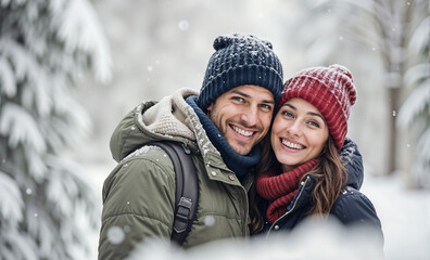 Happy couple enjoying a winter day in the snow, smiling and embracing each other outdoors