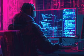Obraz premium A focused individual works on computer programming in a dimly lit room, surrounded by vibrant neon lights and computer screens displaying code at night