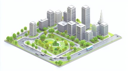 3D cityscape featuring parks and office buildings with green spaces and roads.