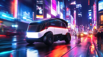 Fototapeta premium e-commerce and retail concept. Autonomous vehicle in vibrant city at night, showcasing modern design