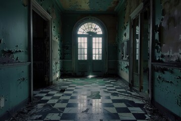 Fototapeta premium A dimly lit, abandoned hallway with cracked walls and a faded checkered floor, showcasing remnants of neglect in a once-grand building