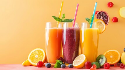 Fototapeta premium Set of fruit smoothies fresh citrus juices and a fruit orange juice beverage