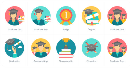A set of 10 education icons as graduate girl, graduate boy, badge