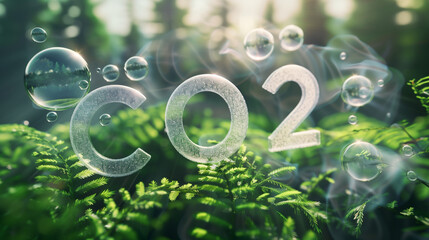 Reduce CO2 emissions to limit climate change and global warming. "Co2" text in bubbles with forest.carbon dioxide "CO2" molecules. Low greenhouse gas levels, decarbonize, net zero carbon dioxide footp