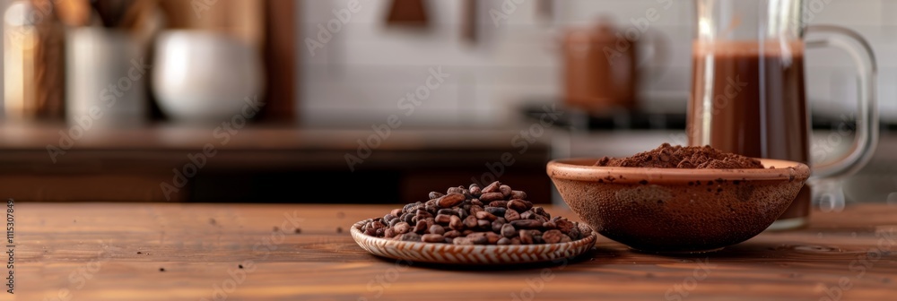 Poster a bowl of cacao nibs and a pitcher of cacao water on a kitchen counter demonstrating how simple it i