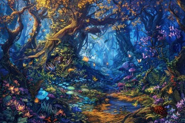 Naklejka premium A vibrant, enchanted forest filled with lush foliage, colorful flowers, and a winding path illuminating the serene beauty of nature during the golden hour