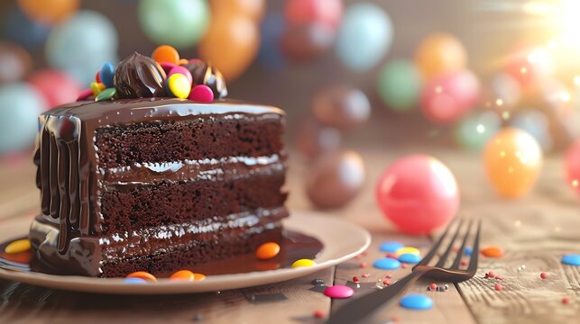 Slice of chocolate cake with glaze on a plate and bloons