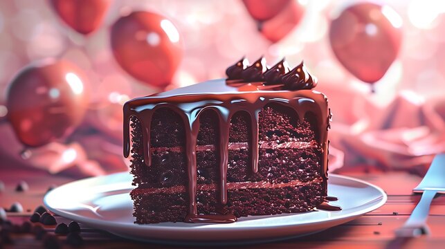 Slice of chocolate cake with glaze on a plate and bloons