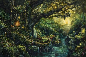 Fototapeta premium Majestic forest illuminated by soft sunlight with vibrant butterflies fluttering amidst lush greenery during early morning