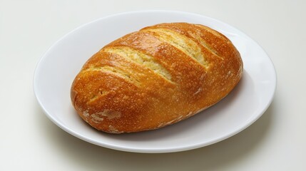 Naklejka premium Freshly Baked Artisan Bread Loaf on White Plate with Texture