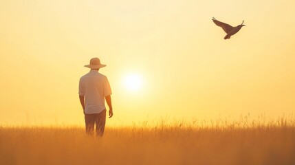 Sunset Silhouette of Person Releasing Bird for International Animal Rights Day, Earth Day, World Environment Day
