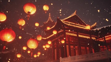 Festive chinese new year text animation featuring traditional house and lanterns in vibrant style