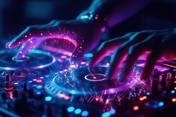 Rhythm Perfection: DJ's Hands Spinning Vinyl Amidst a Burst of Colorful Lights