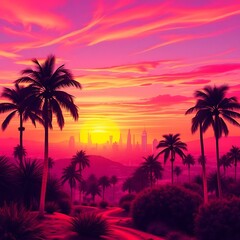 Obraz premium Vibrant 80s synthwave landscape at sunset, with neon-lit palm trees and a futuristic cityscape