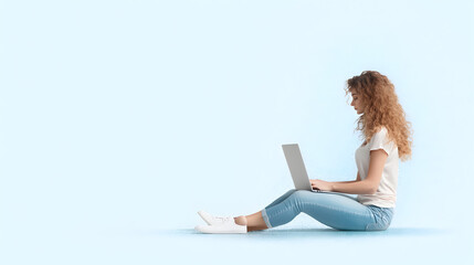 35 year old woman, sitting on the floor, using MacBook, silver laptop on transparency background PNG