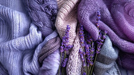 A blend of cozy knit fabrics in pastel shades intertwined with a lavender flower bouquet, creating a calming and artistic display. Perfect for themes of warmth, comfort, and elegance