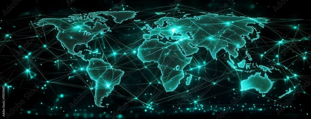 Poster Glowing green digital world map. Global internet network telecom and communication. Generative AI technology.	

