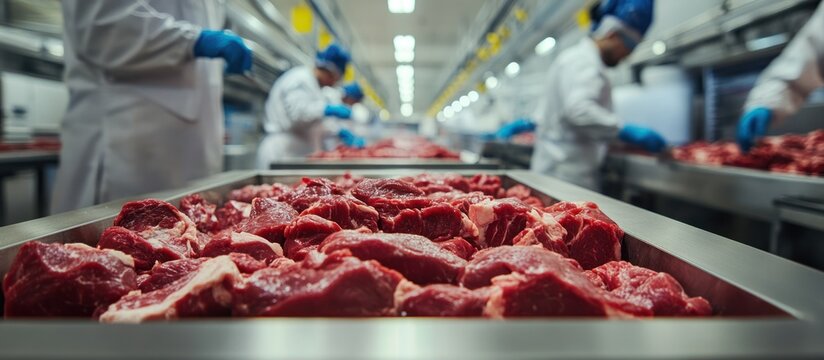 Close-up of raw meat on a conveyor belt in a meat processing plant with blurred workers in the background.