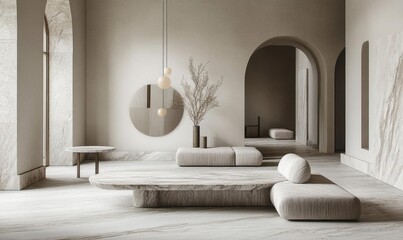 Modern minimalist interior with natural elements and soft textures.