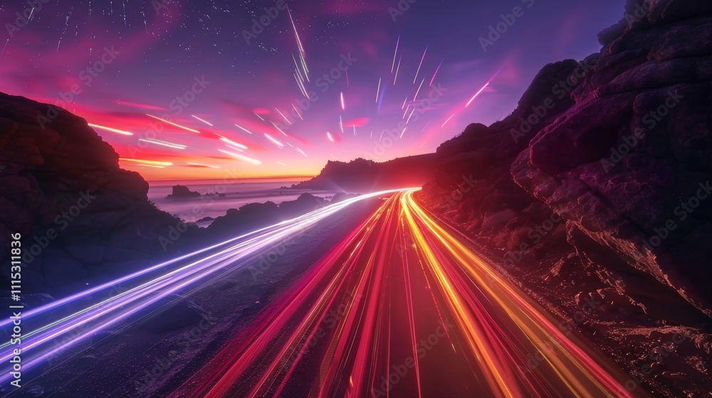 Poster bright multicolored beams of light shoot up a rugged rocky hill creating a mesmerizing display.