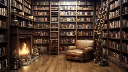 A cozy home library with floor-to-ceiling bookshelves