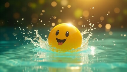A glossy yellow sphere with a smiling face bounces on turquoise water, scattering golden droplets mid-air. Sunlight and bokeh create a joyful, radiant, and serene scene.